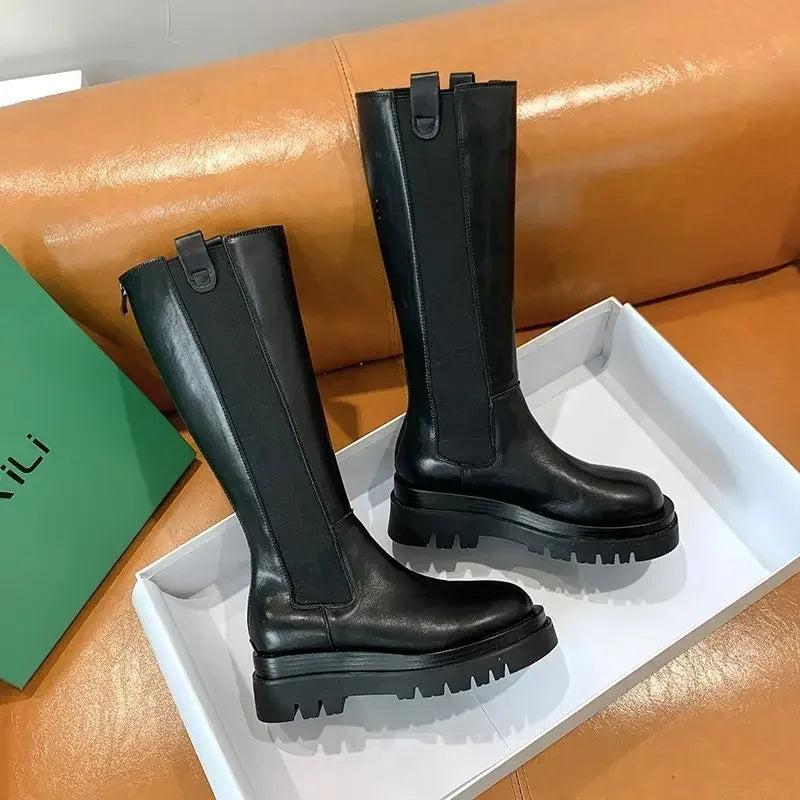 Platform Women's Knight Long Boots – Fashionable Warm Fur Knee-High Booties with Square Heels for Autumn & Winter