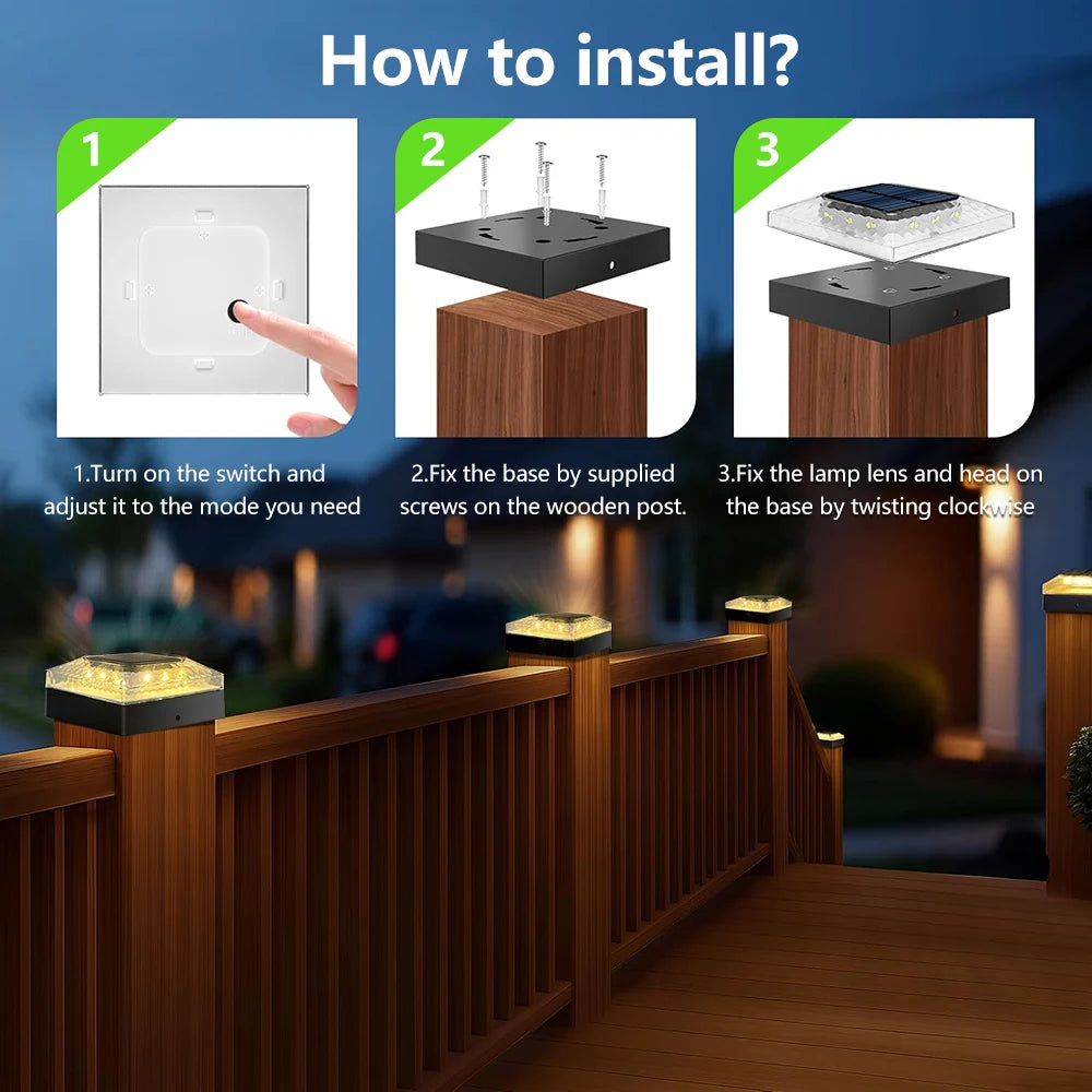 1/4PCS Solar Post Cap Lights - IP65 Waterproof Fence Topper LED Lights with 3 Color Modes for 4x4 Vinyl & Wood Posts