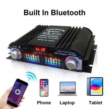 1600W Peak Power HiFi 4-Channel Digital Audio Amplifier – Bluetooth Karaoke Player with FM Radio & Remote Control