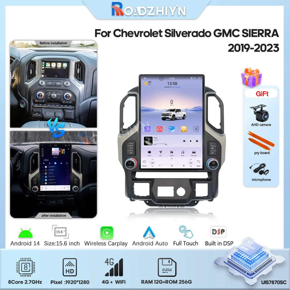 15.6" Car Multimedia Player - GPS Navigation, CarPlay, Android Auto, 4G & WiFi for Chevrolet Silverado & GMC Sierra 2019-2023