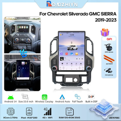 15.6" Car Multimedia Player - GPS Navigation, CarPlay, Android Auto, 4G & WiFi for Chevrolet Silverado & GMC Sierra 2019-2023