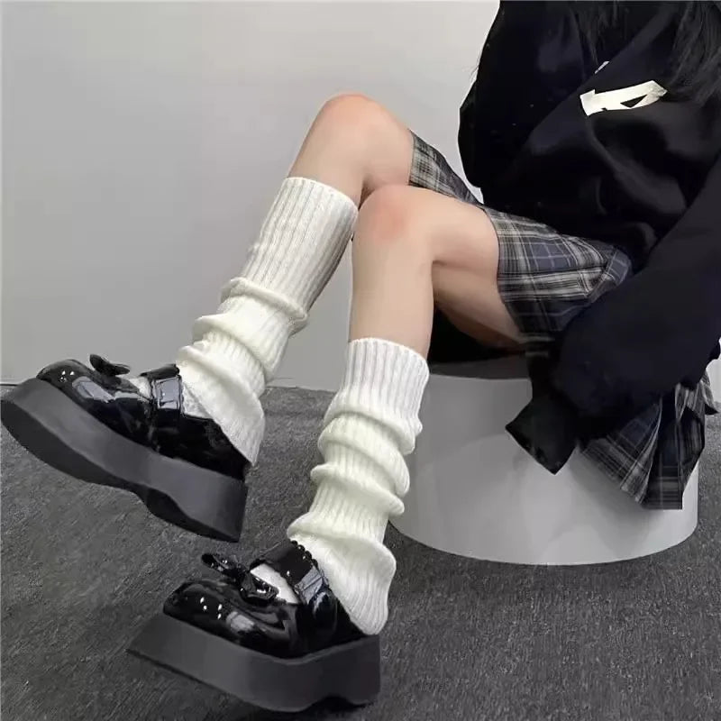 Lolita Knitted Leg Warmers for Women – 40/50/70cm White & Black Crochet Sock Boot Cuffs for Autumn & Winter