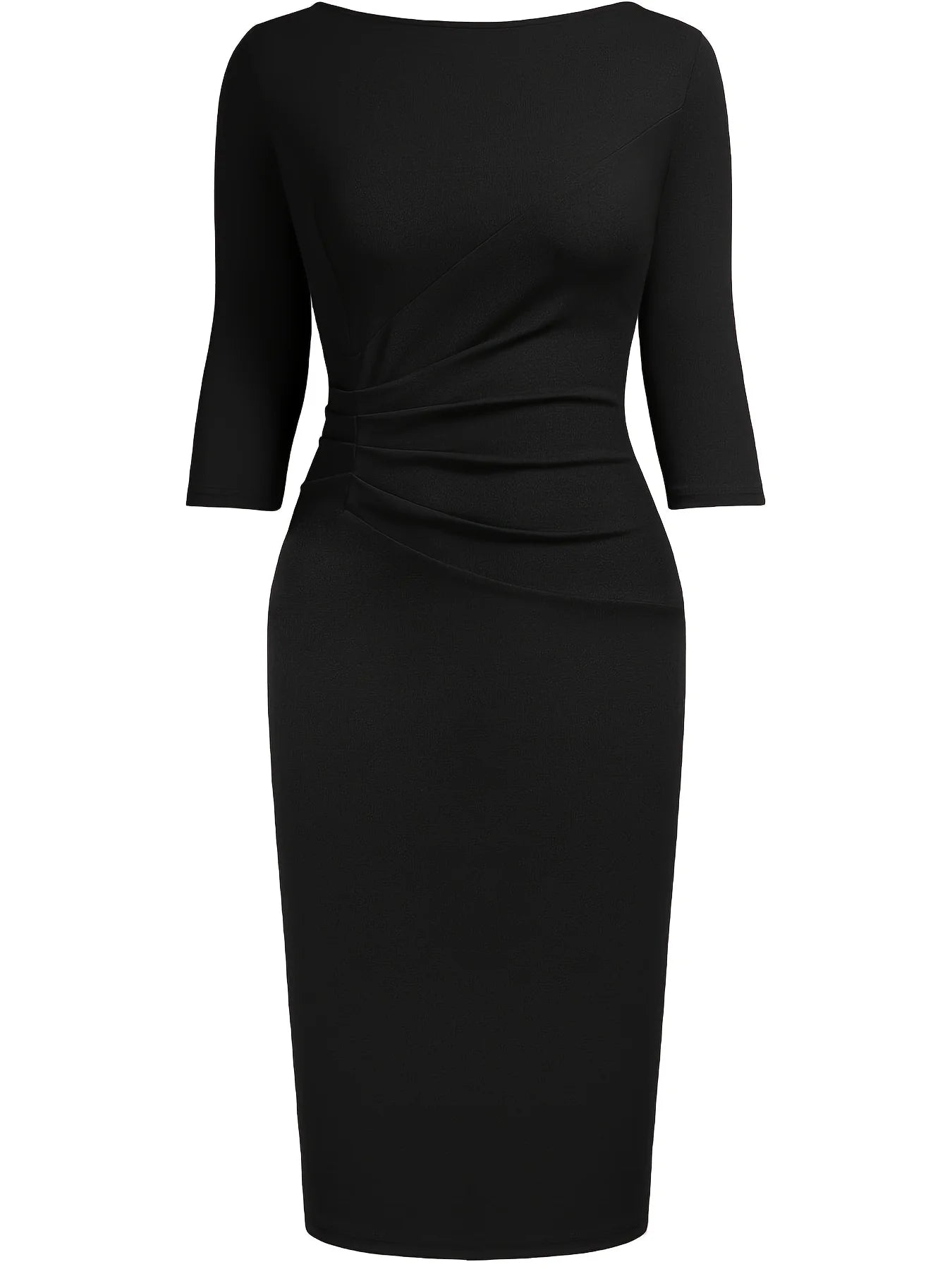 Women’s Elegant Bodycon Sheath Dress - 2/3 Sleeve Round Neck Knee Length Business Casual Office & Party Ruched Dress
