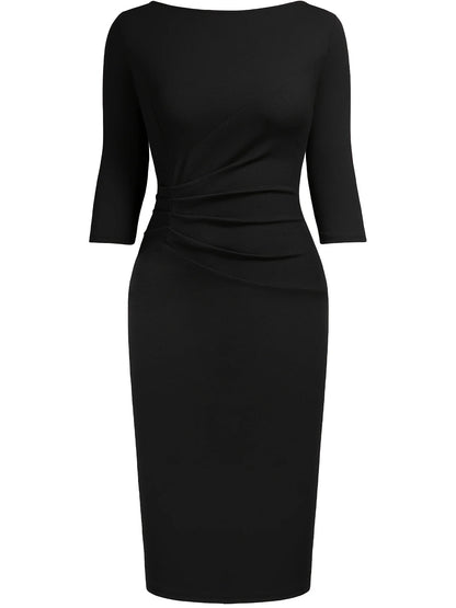 Women’s Elegant Bodycon Sheath Dress - 2/3 Sleeve Round Neck Knee Length Business Casual Office & Party Ruched Dress