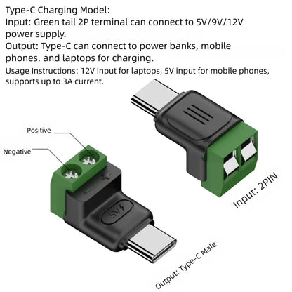 USB-C to 2-Pin Terminal Adapter - Solderless Screw-Type 5V Charging Connector, Green, 1–4 Pack