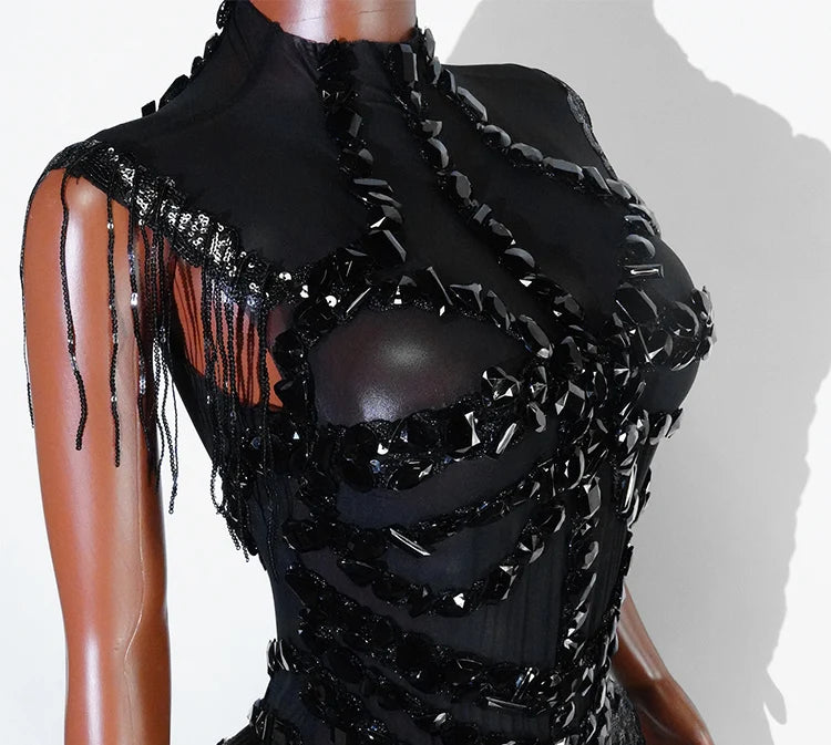 Sexy Shiny Silver Sequin & Black Spandex Jumpsuit — 2025 Women’s Prom, Dancer & Stage Performance Costume