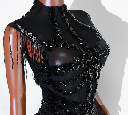 Sexy Shiny Silver Sequin & Black Spandex Jumpsuit — 2025 Women’s Prom, Dancer & Stage Performance Costume