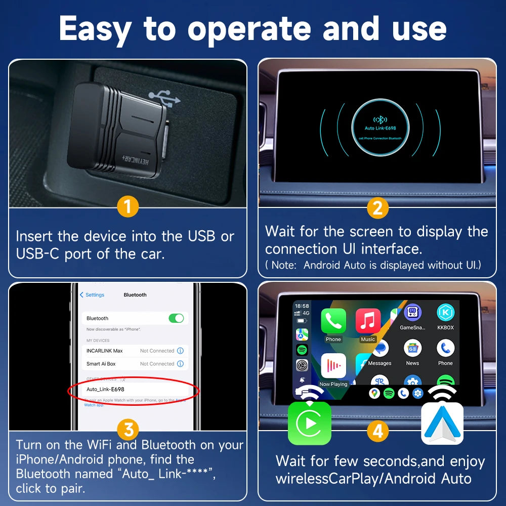 2025 HEYINCAR 2-in-1 Wireless Android Auto & CarPlay Adapter – Plug and Play for Kia, Volvo, Audi, MG, VW, Hyundai, Jeep