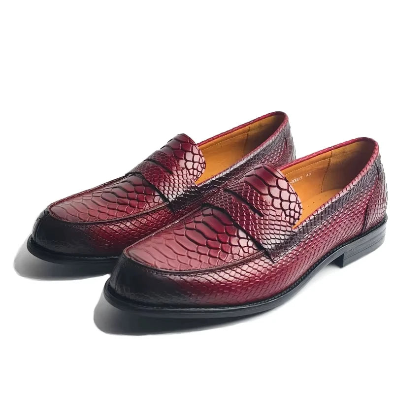 Men’s Genuine Leather Snake Print Penny Loafers - Handcrafted Slip-On Driving, Business & Formal Shoes