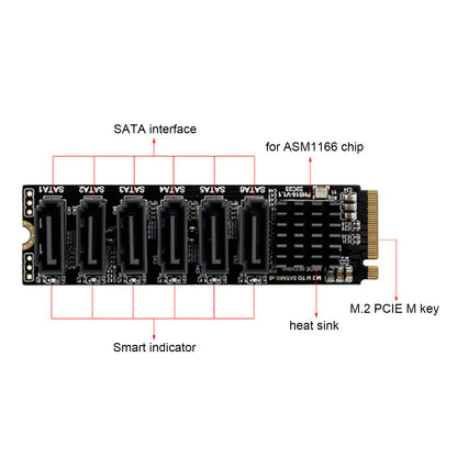 M.2 to SATA 3.0 Adapter Card — 6Gbps High-Speed ASM1166 PCIe to SATA Expansion Card with Smart Indicator