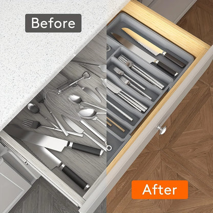 Adjustable Flatware Organizer Tray with Dividers – Plastic Utensil Holder for Spoons, Forks & Knives