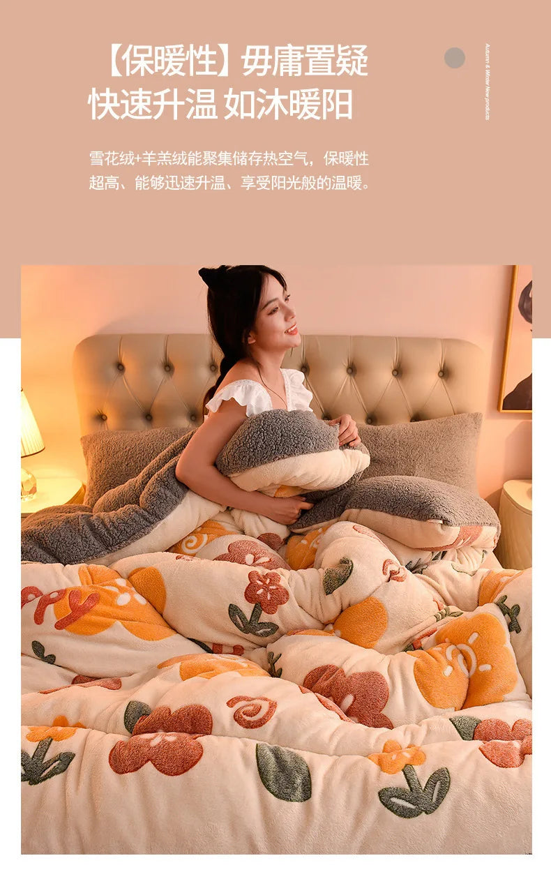Plush Winter Lamb Velvet Quilt – Thickened Cotton, Double-Sided Warm Lamb Wool Blanket for Single & Double Beds