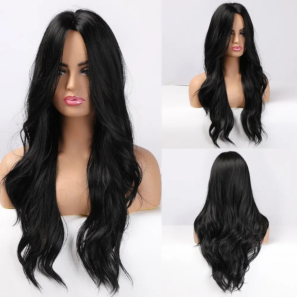Long Pink Wavy Wig for Women — Middle Part Synthetic Hair, Heat-Resistant, Natural-Looking Cosplay Wig
