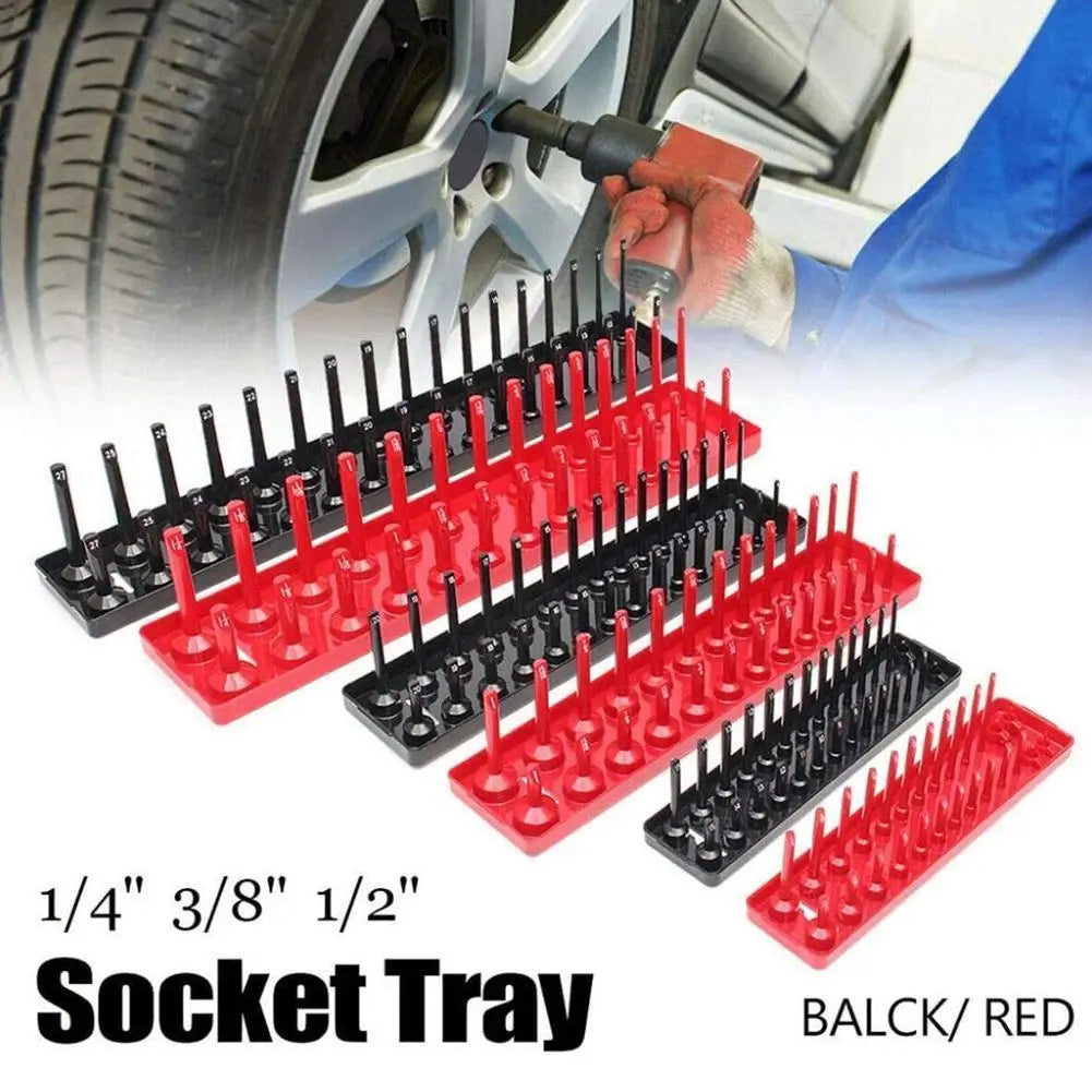3PCS Socket Organizer Trays – Black/Red Holder for 1/2", 3/8", 1/4" Sockets, Garage & Home Tool Storage Rack