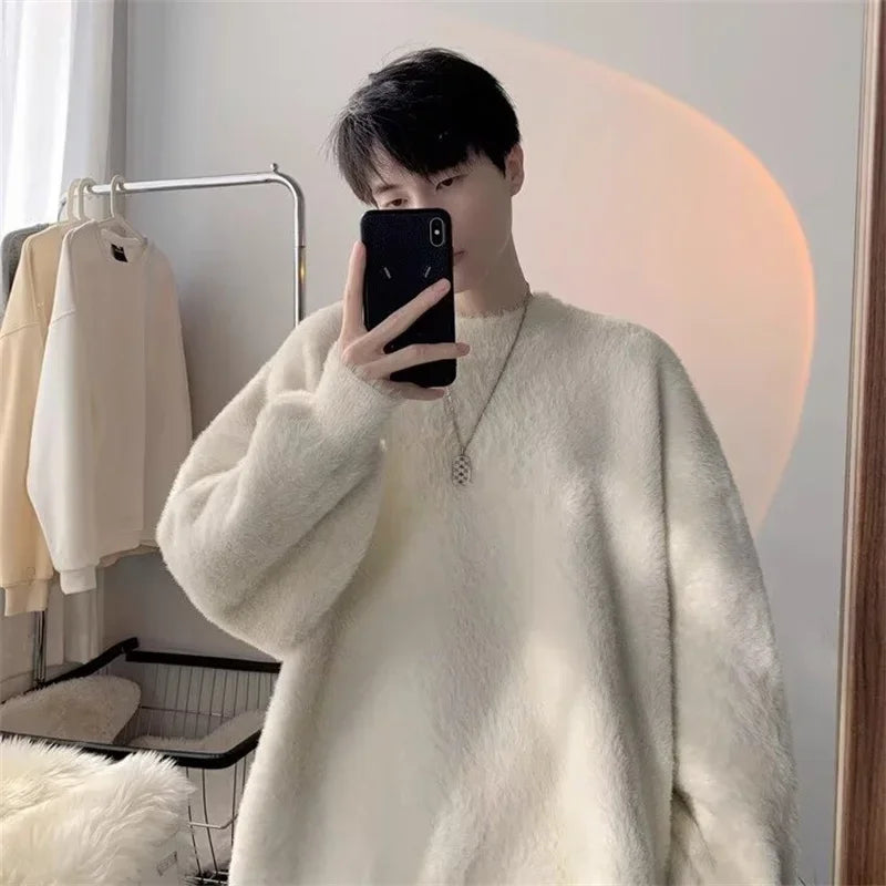 Men's Autumn Fluffy Knit Sweater - Loose Warm Korean Style Y2K Vintage Winter Pullover