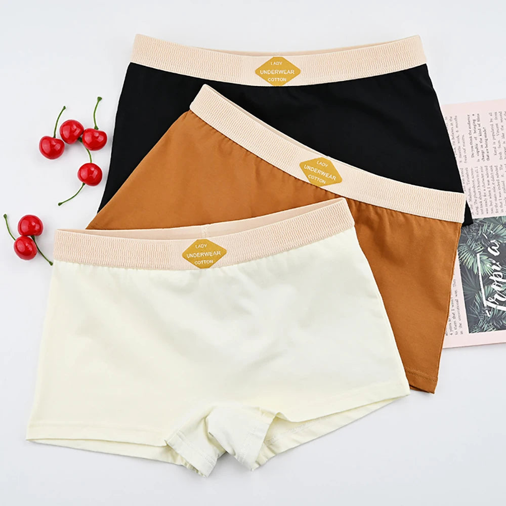 3PCS Women’s Cotton Boxer Underwear — Multicolor Solid Breathable Knit Panties, Soft High-Elastic Mid-Rise Boyshorts