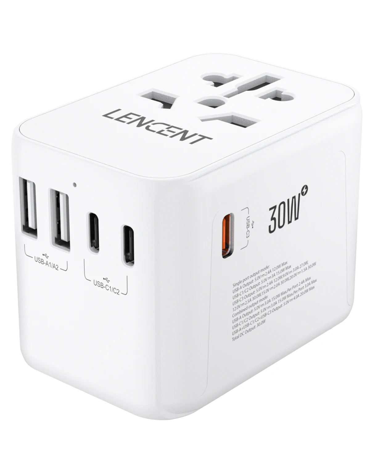LENCENT International Travel Adapter - All-in-One Wall Charger with 3 USB Ports and 1 Type-C, for US, EU, UK, AUS Travel