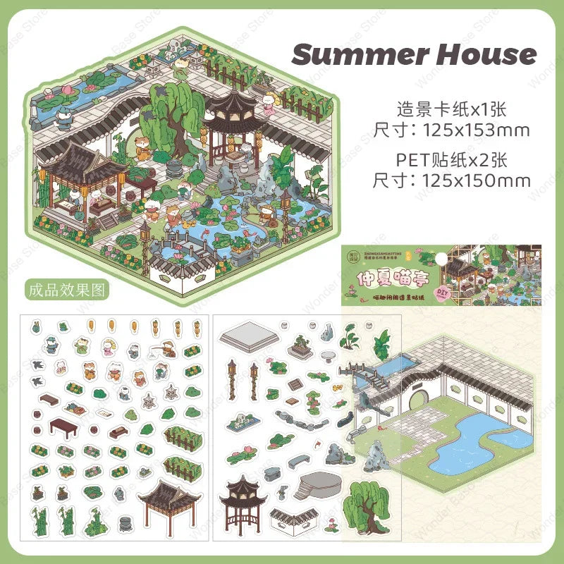 DIY 3D Cartoon Cat Sticker Set - Four Seasons Landscape, Pocket Cabin Scenes | Creative Stacking & Pasting Gift for Kids