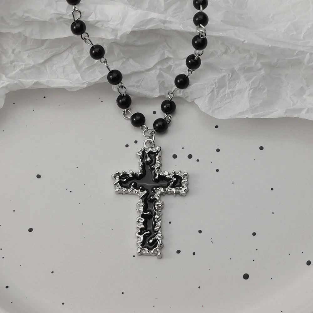 Gothic Bat Cross Necklace Set - Y2K Thorn Love Black Beaded Layered Jewelry for Halloween Parties