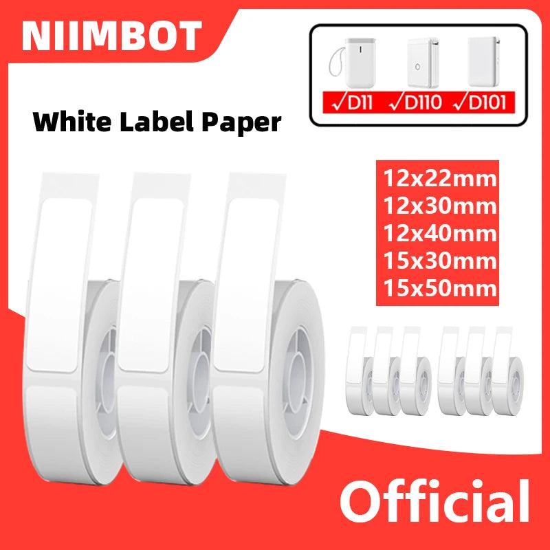 Niimbot D11/D101/D110 Mini Portable Thermal Label Printer – White Waterproof Anti-Oil Sticker Paper, No-Glue Bluetooth Sticker Printer