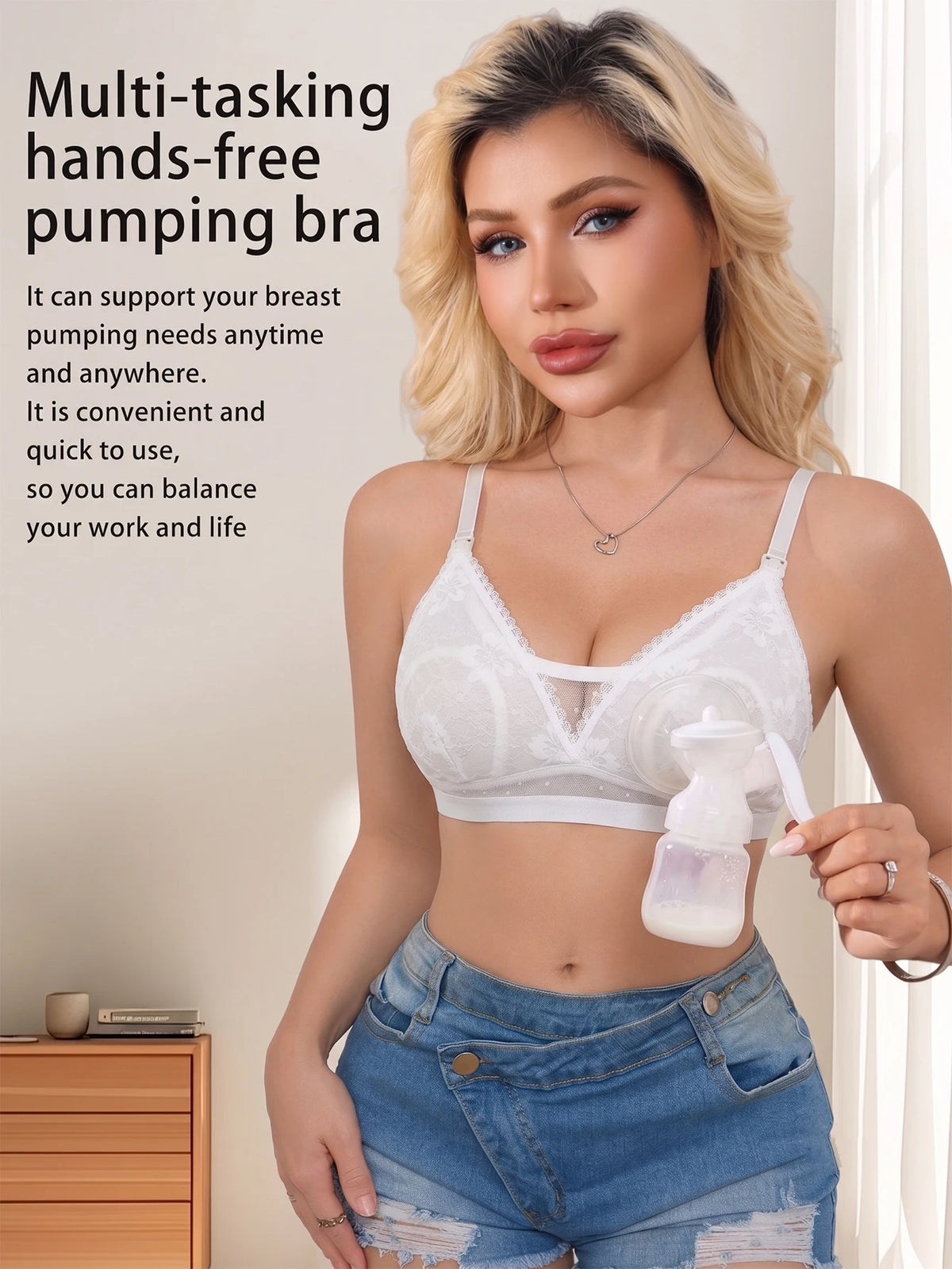 Maternity Nursing Bra - Lace Mesh Front Snap Breastfeeding Bra with Breathable Dot Mesh Full Side Coverage