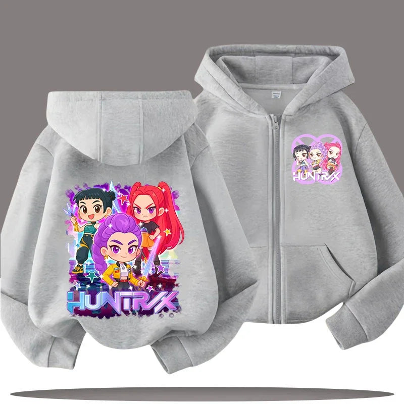 Funny Kpop Demon Hunters Zip-Up Sweatshirt – Kids Hoodie for Girls & Boys, Casual Zipper Hoody Top