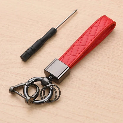 5-Color Genuine Leather Plaid Keychain – Luxury Black Buckle Car Key Ring for Men & Women, Gift for Friends