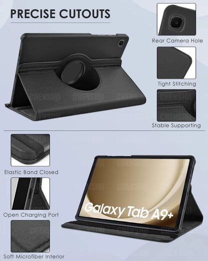 Samsung Galaxy Tab A9+ (11-inch) 2023 Case – PU Leather Cover with Sleep/Wake Function, 360° Rotating Stand & Protective Shell