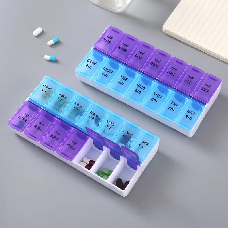 JUSTLANG Weekly Pill Box – 14 Grids, 7-Day Portable Travel Organizer for Tablets, Vitamins & Medicine Storage
