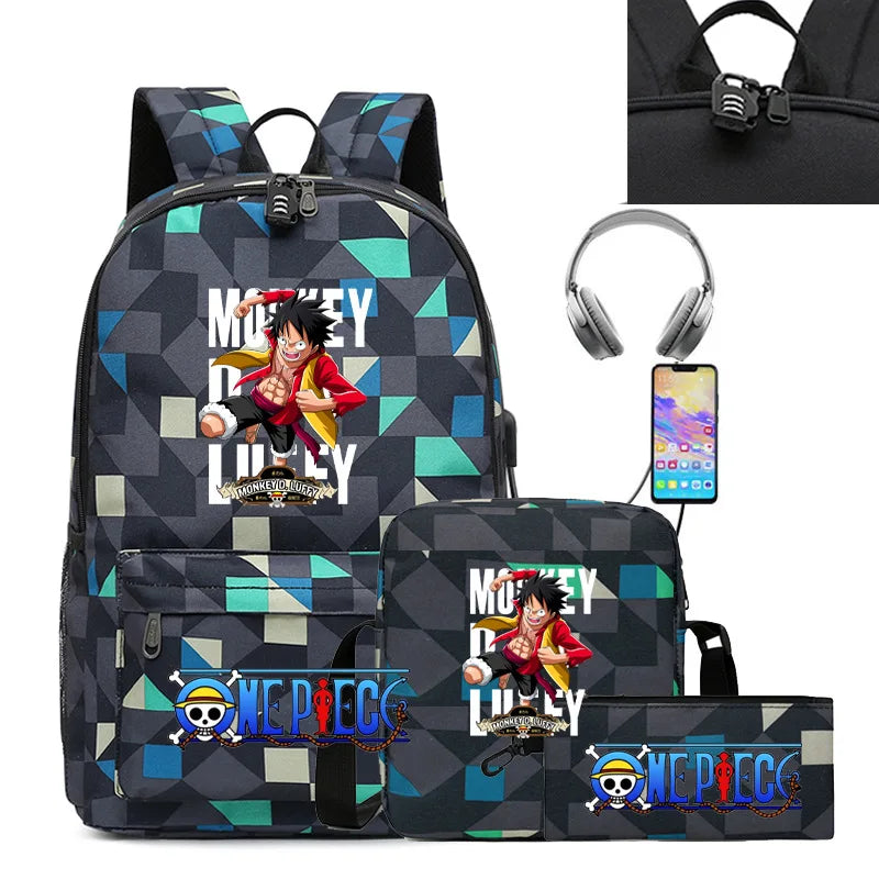 3PC One Piece Luffy School Backpack Set – Rechargeable Anime Bag for Boys & Girls, Student Cartoon Mochila