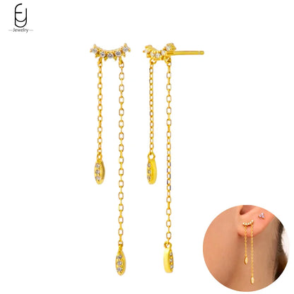 925 Sterling Silver Gold Tassel Earrings - Vintage Crystal Long Chain Hoop Jewelry for Women