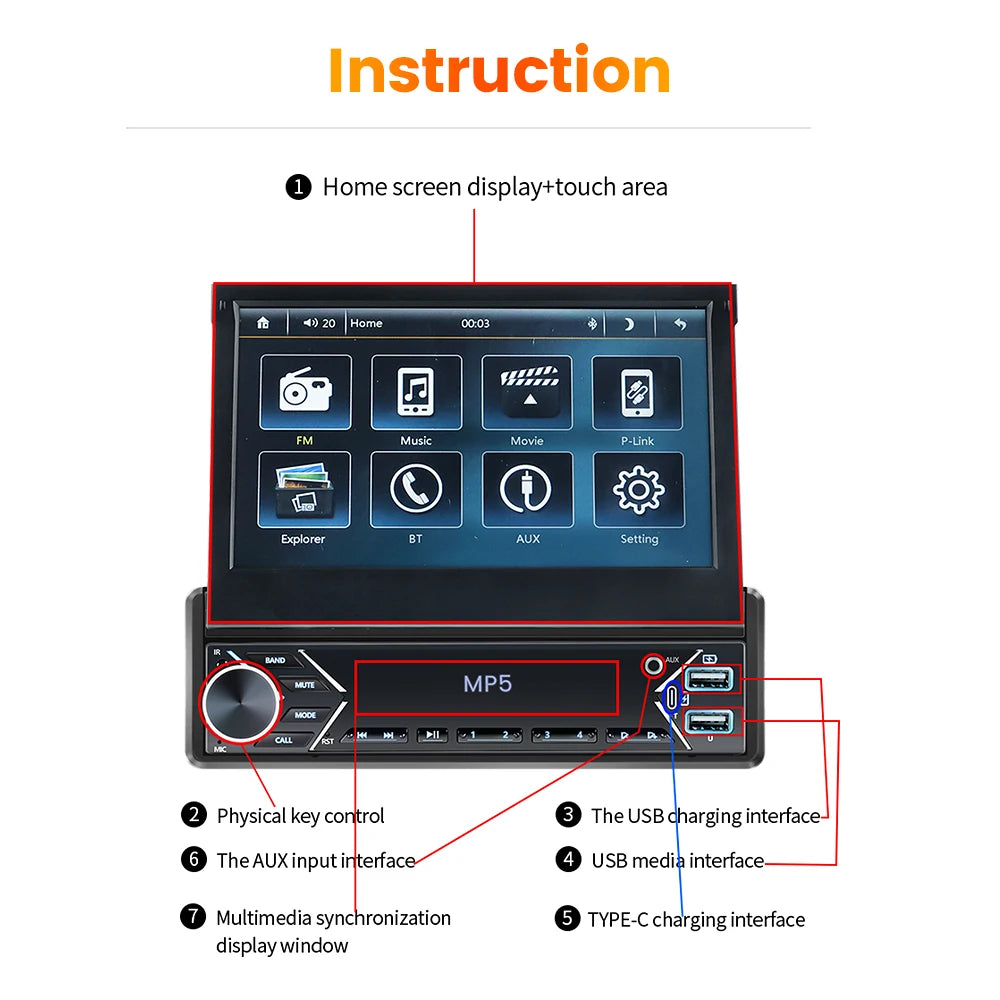 Carplay Android Auto 1 Din MP5 Player - 7 Inch Retractable Touch Screen, FM Radio, Mirror Link, Manual & Automatic Car Player