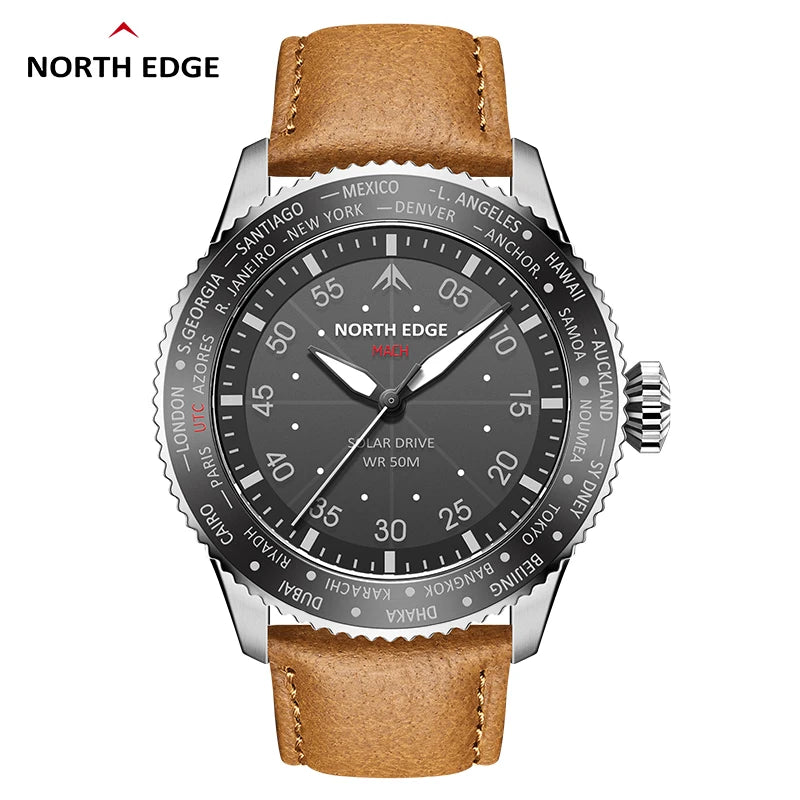 NORTH EDGE MACH 2024 Solar Powered Men's Watch – Dual Time Zone Waterproof Pilot Watch with TPR Nylon Strap