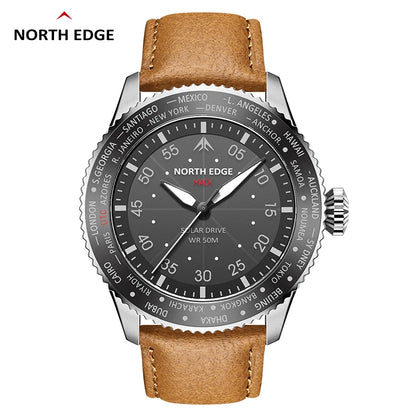 NORTH EDGE MACH 2024 Solar Powered Men's Watch – Dual Time Zone Waterproof Pilot Watch with TPR Nylon Strap