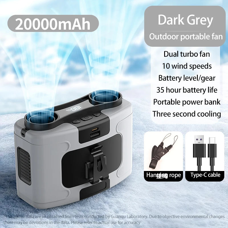 20000mAh Outdoor Portable Waist Fan - Hanging Neck Fan with Strong Wind, Power Bank & LED Lighting for Sports & Outdoor Work