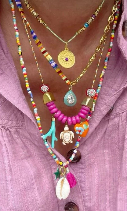 4pcs Bohemian Charm Necklace Set - Ethnic Devil’s Eye, Love Turtle Ceramic Pendant Multi Layer Party Jewelry