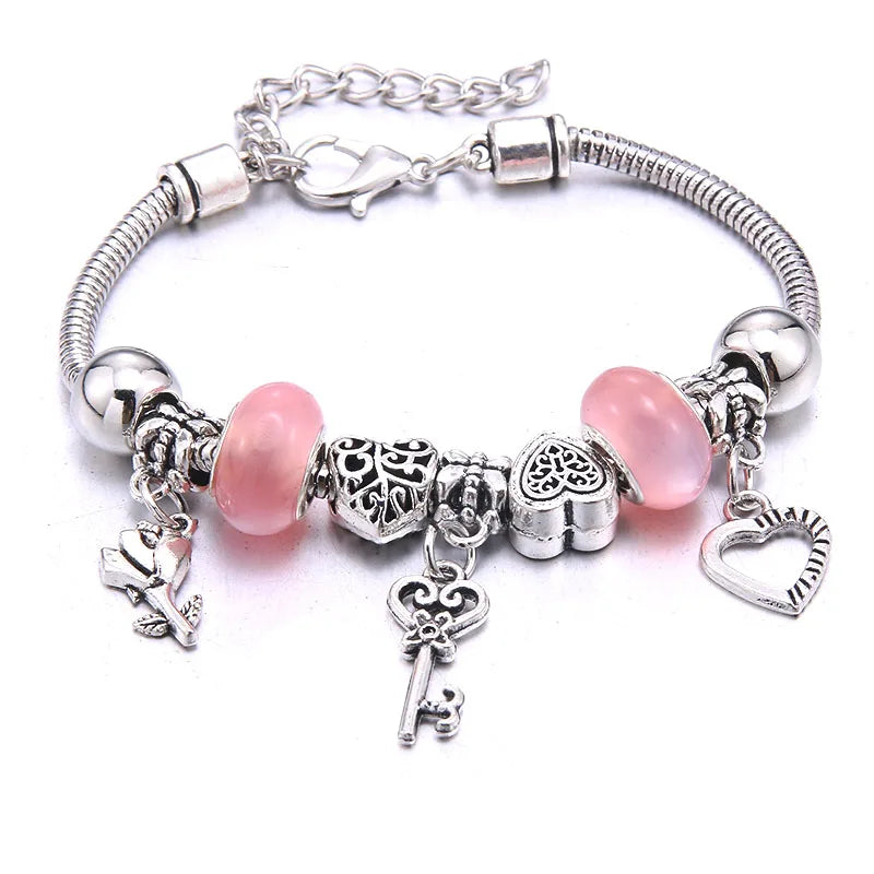 Pink Charm Bangle - Butterfly Snake Chain Bracelet with Beads and Lobster Clasp for Women
