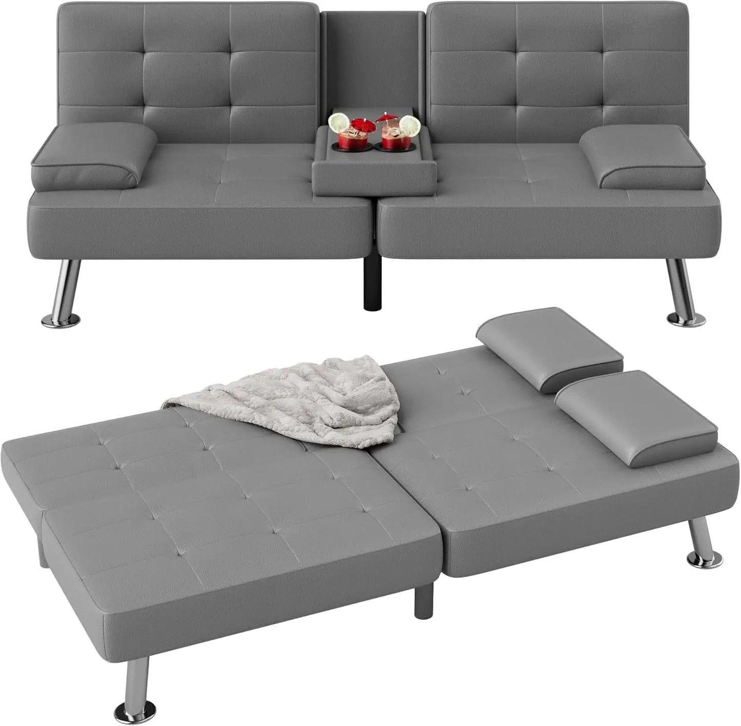 Modern Corduroy Futon Sofa Bed with Cup Holders & Removable Armrests – Folding Recliner Lounge, Green