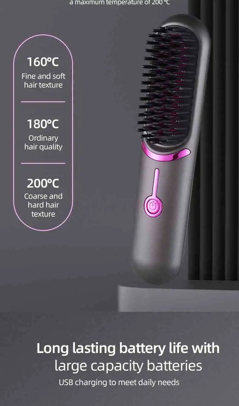 Cordless Mini Hair Straightening Brush – Portable Ionic Hot Comb for Women