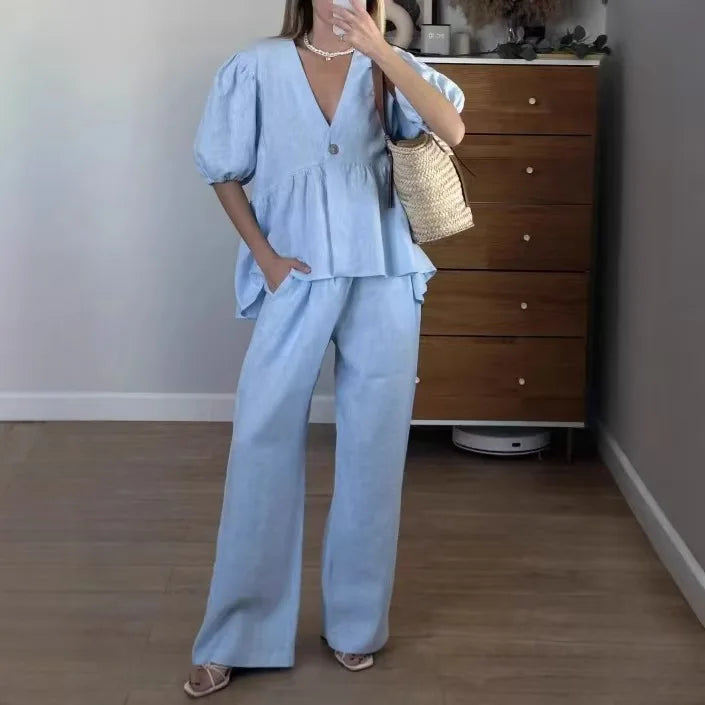2025 Women’s Solid Color 2-Piece Set – V-Neck Bubble Sleeve Top & Long Pants Summer Casual Outfit Suit