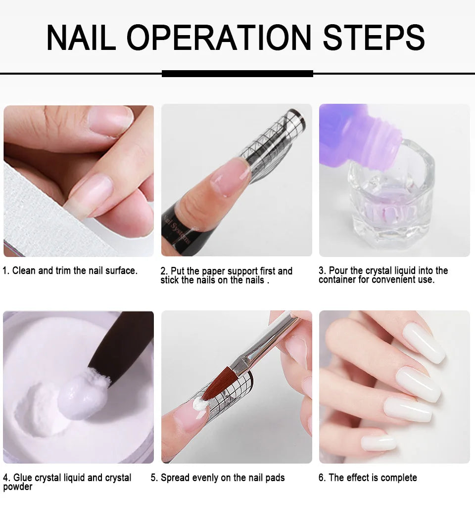 40ml Crystal Liquid & 45ml Acrylic Powder Set – Pink, White, Transparent Acrylic Powder Kit for Beginners Nail Art