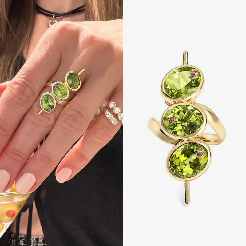 Green Zirconia Geometric Bead Ring - Elegant Women’s Daily Wear Party Jewelry Gift Accessory
