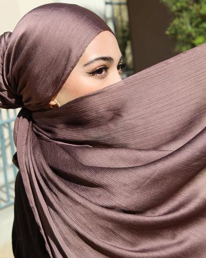 Trendy Long Satin Crinkle Hijab – Silk Crepe Islamic Headscarf for Muslim Women, Lightweight & Stylish