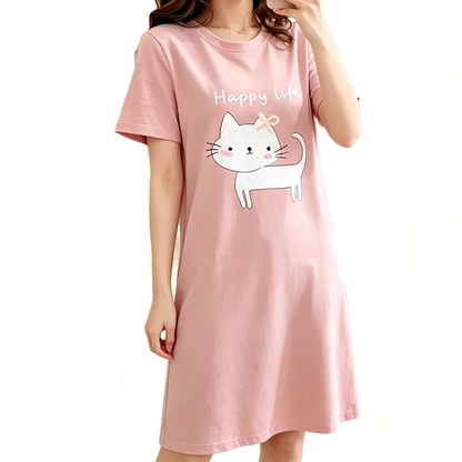 Women’s Cute Cat Nightgown - Plus Size Summer Cartoon Nightdress & Comfortable Sleepwear
