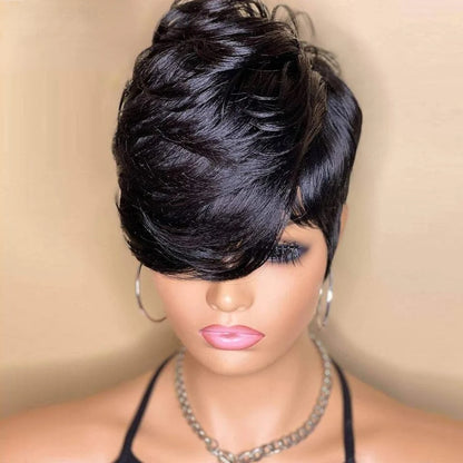 Pixie Cut Human Hair Wig for Women – Short Layered Wig with Bangs, Brazilian Real Full Machine-Made Hair Replacement