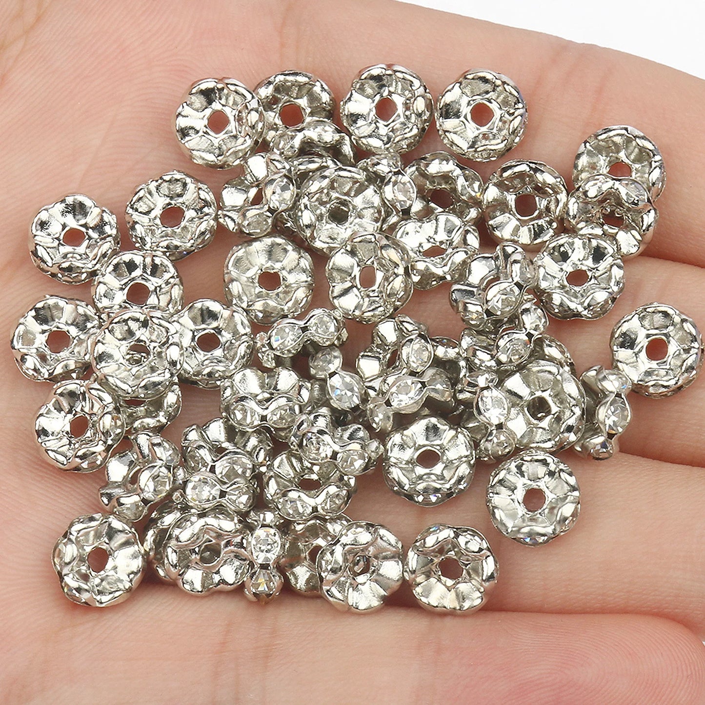 50PCS Rhinestone Spacer Beads Set – Multi-Color Crystal Rondelle Metal Beads for DIY Jewelry & Bracelet Making