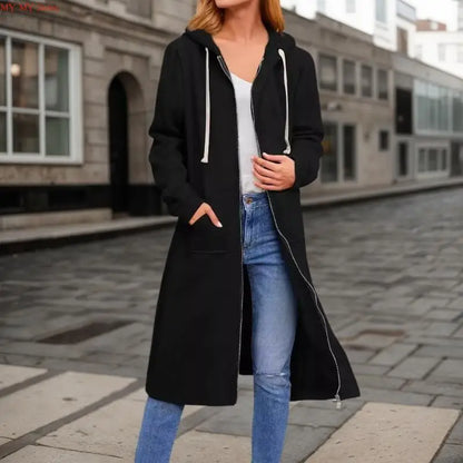 Women's Loose Fit Hooded Coat - Full Zip Long Sleeve Cotton Jacket with Pockets