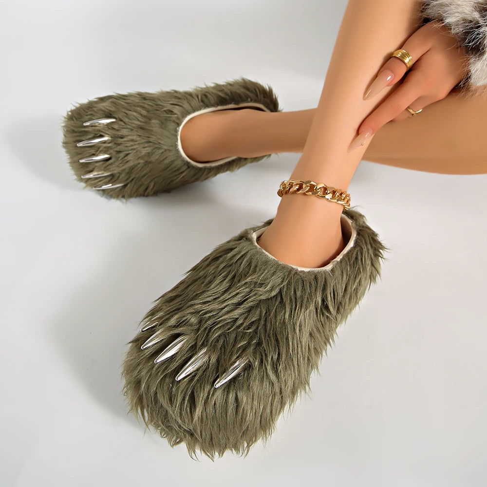 Bear Claw Plush Mules - Customizable Soft Summer Slides with Logo for Comfortable Casual Wear