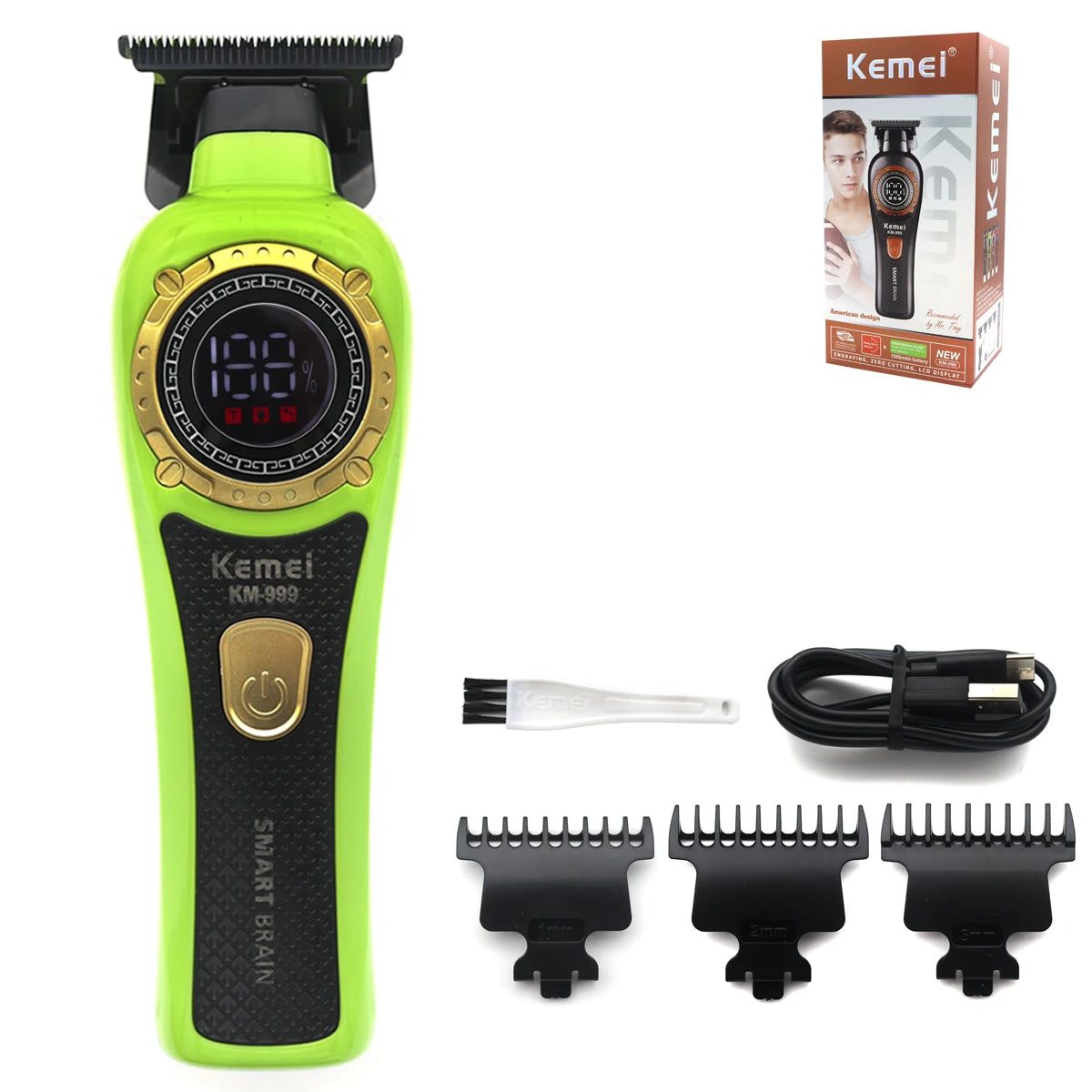 Kemei KM-999 Hair Trimmer for Men – DLC T-Blade, Zero Gapped, LED Display, Cordless USB Professional Hair Clipper