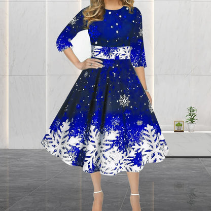 Women’s Winter Christmas Dress – Vintage Swing Robe with Half Sleeves, Elegant Casual Print Party Dress